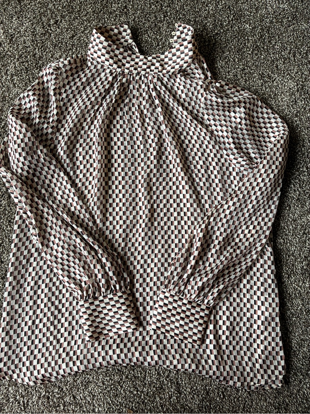 Women's High-Neck Geometric Print Blouse - White, Black & Brown